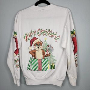 L Vintage 1990 Ugly Christmas Bear Tree Present Sweatshirt O